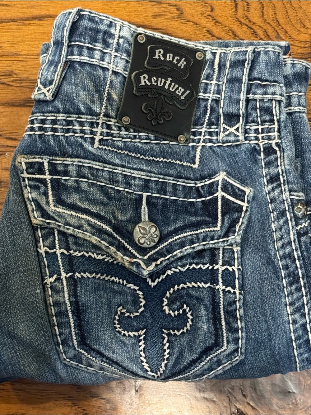Rock Revival Medium Blue Denim Jeans with White Stitching